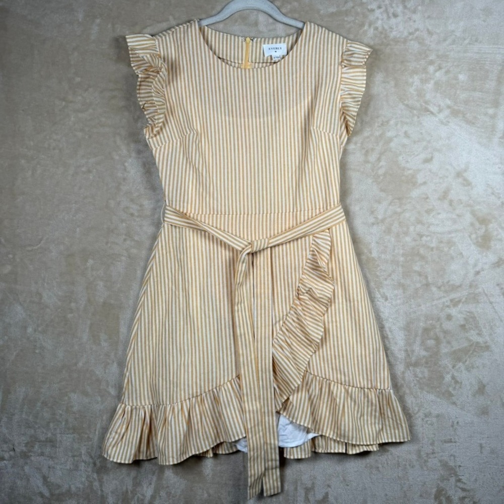 Everly Womens Medium Mustard Yellow White Striped Ruffle Mini Dress Summer